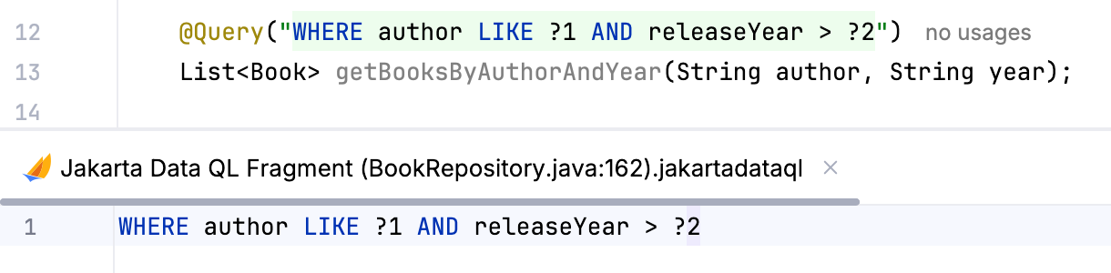 JDQL query in a dedicated fragment editor