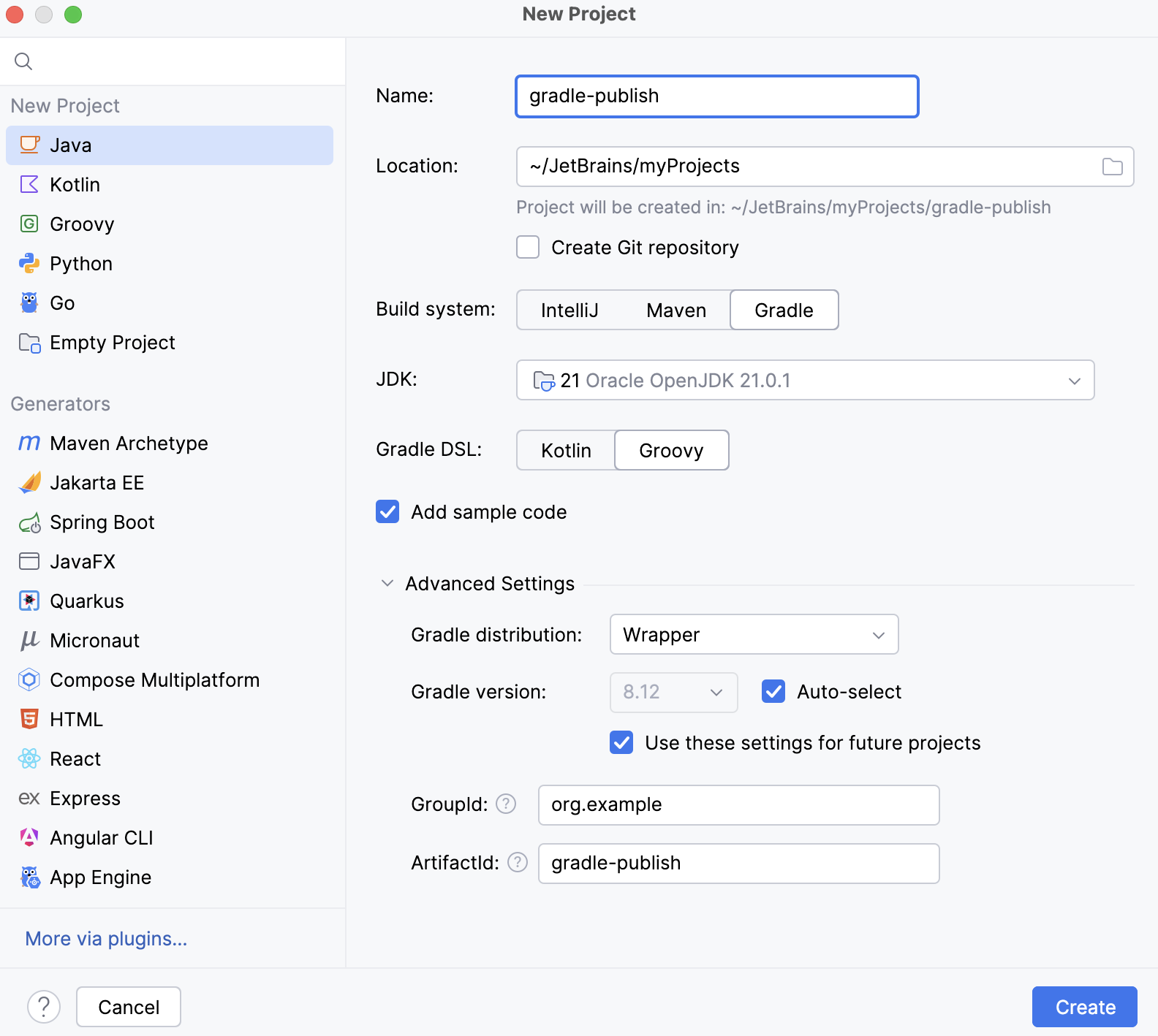 New Project dialog: select Gradle