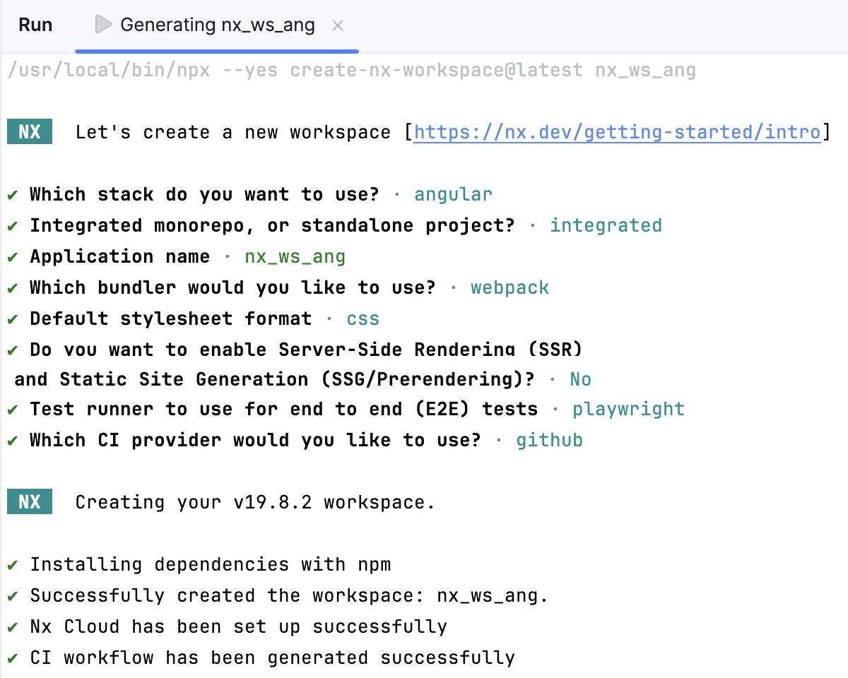 向导中的问题已回答。 正在生成 Nx 工作区