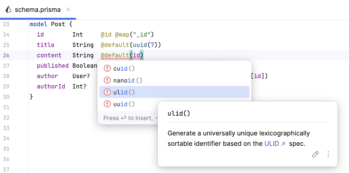Prisma Schema 中的补全 Prisma Schema 中的补全