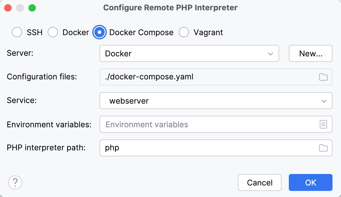 通过 Docker Compose 的远程解释器对话框