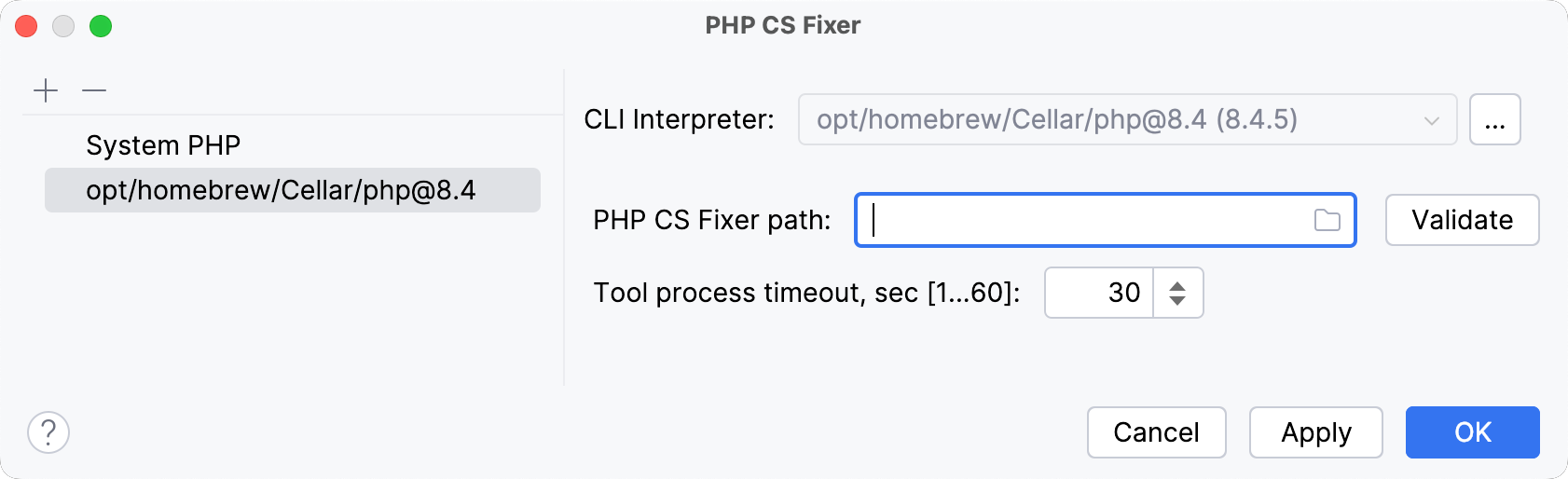 空的 PHP CS Fixer 路径字段