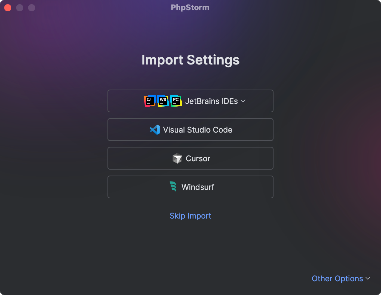 The Import Settings dialog with the cursor on the Visual Studio Code button The Import Settings dialog with the cursor on the Visual Studio Code button