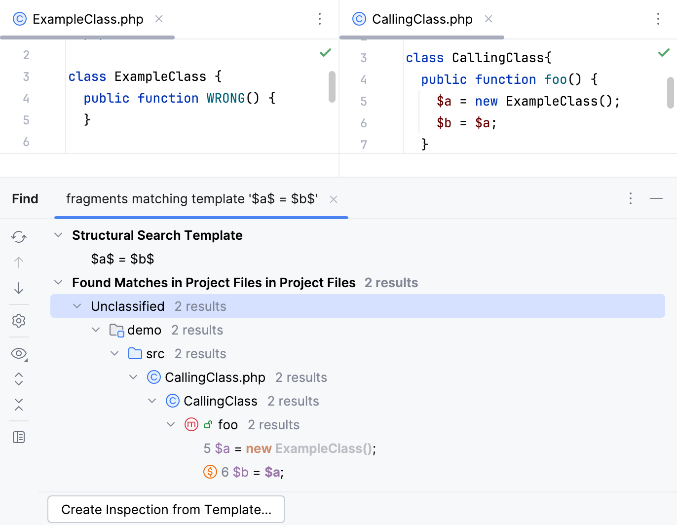 Find tool window the results for class instantiations