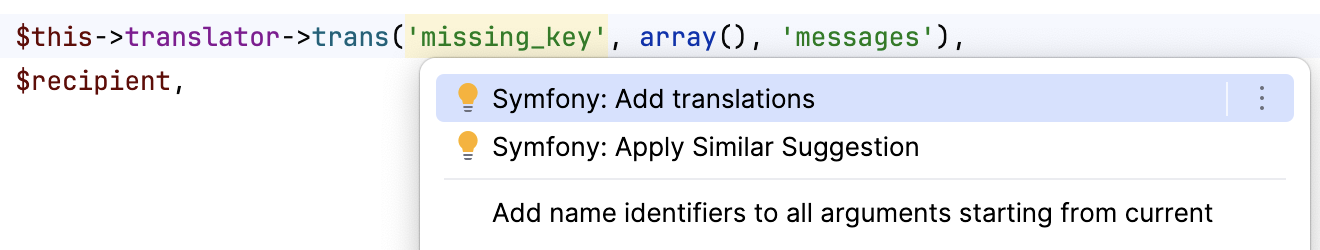 通过快速修复添加 Symfony 翻译
