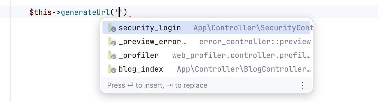 Symfony 路由名称控制器补全