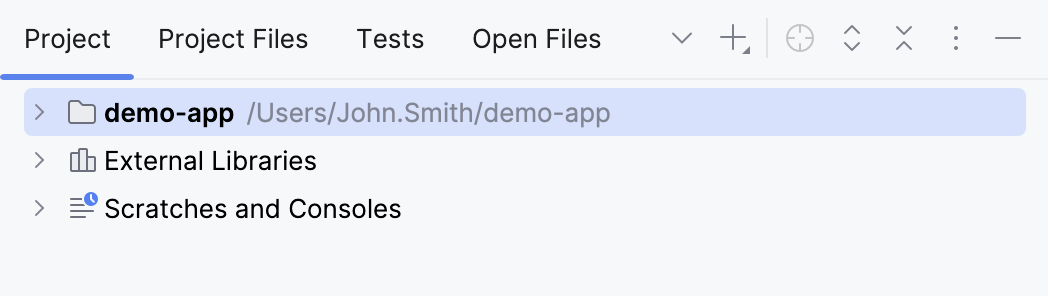 The Project tool window with the Group Tabs option enabled