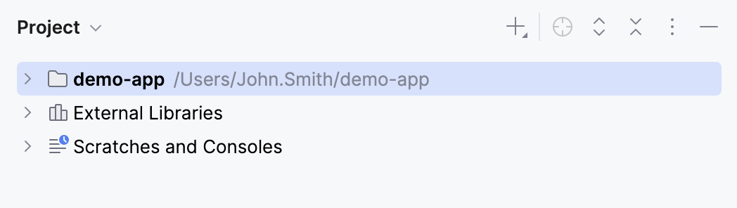 The Project tool window with the Group Tabs option disabled