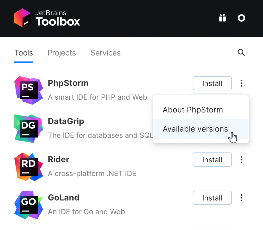 PhpStorm in the Toolbox App PhpStorm in the Toolbox App