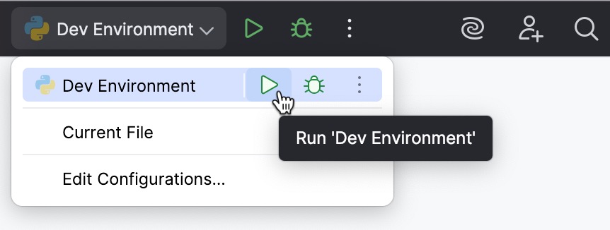 'Run' button near a run configuration in the Run widget menu