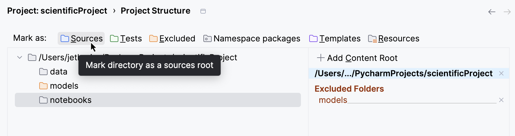 在项目设置中为文件夹分配类别