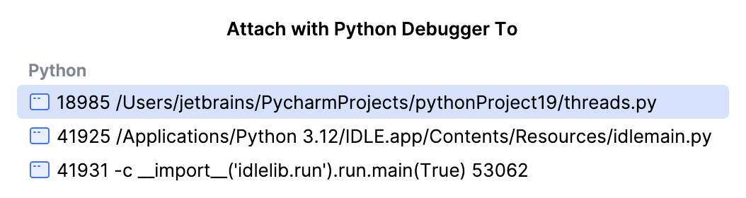 Select a process to attach Select a process to attach