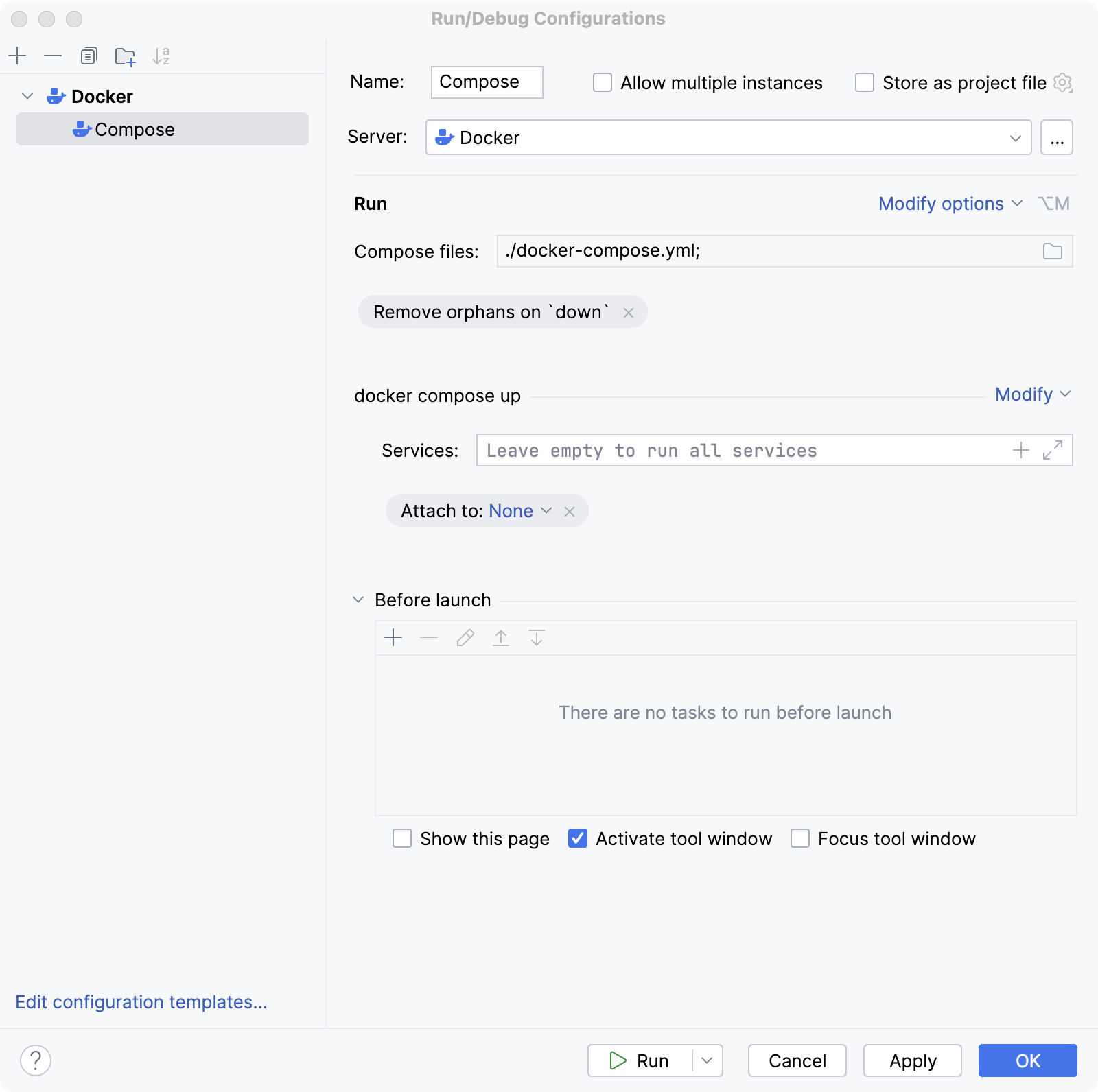 Docker Compose run configuration dialog Docker Compose run configuration dialog