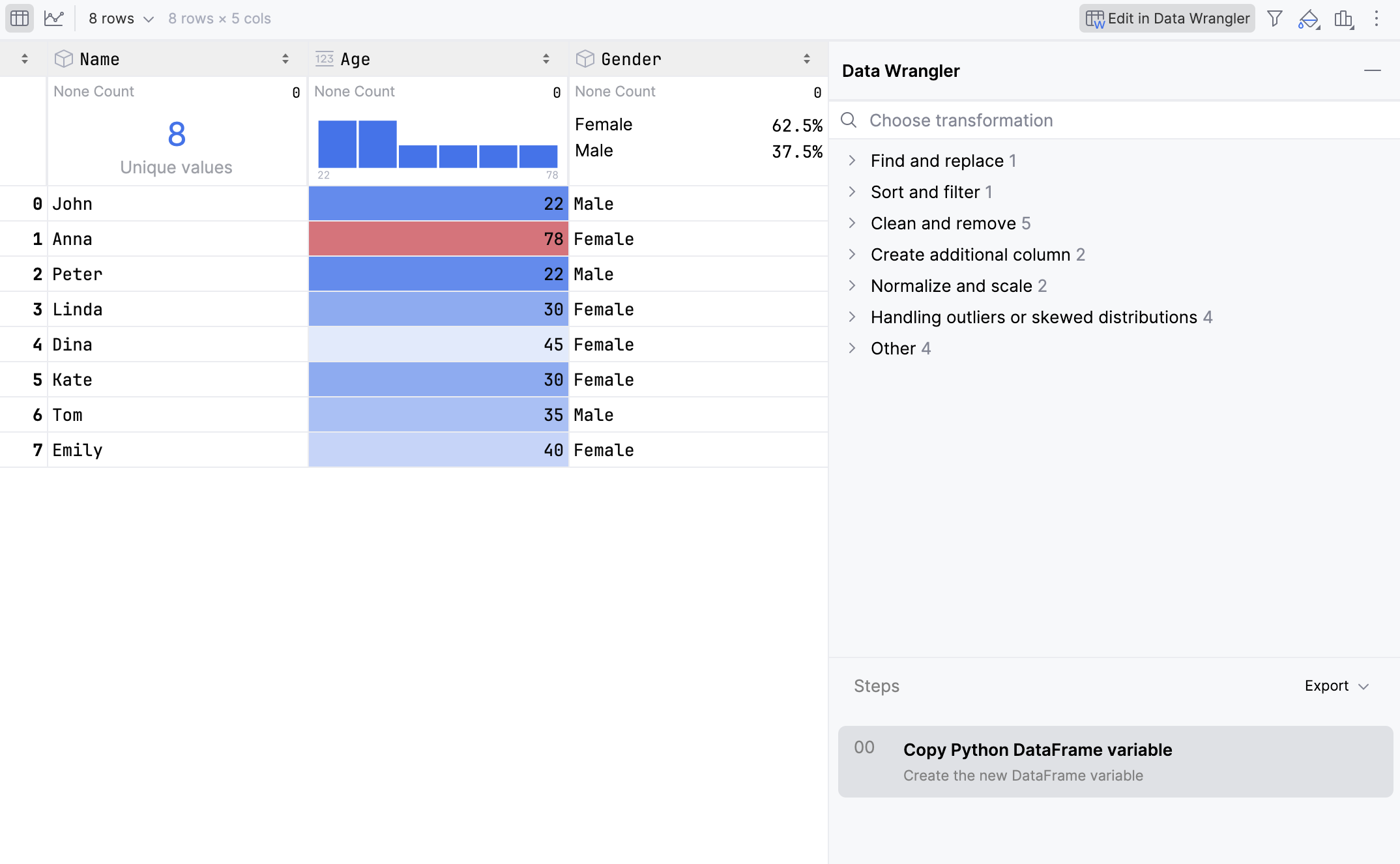 Data Wrangler tab opened