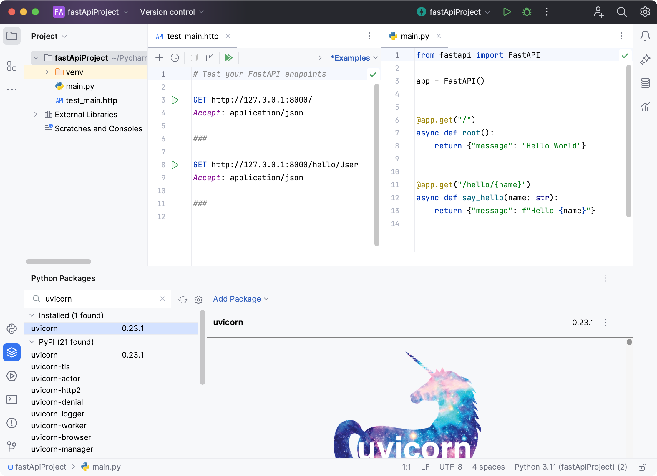 为开发 FastAPI 应用程序创建的新项目
