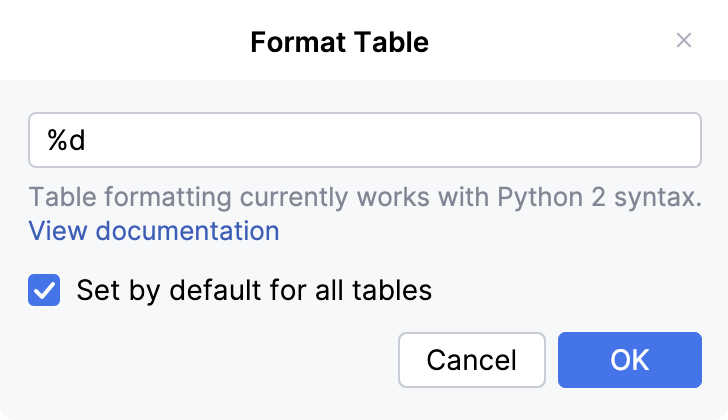 Dialog with the input field for the format