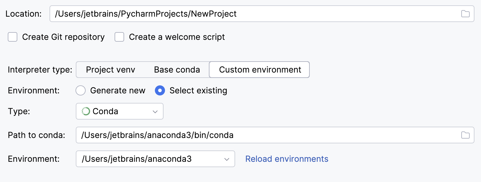 为新项目选择现有的 conda 解释器