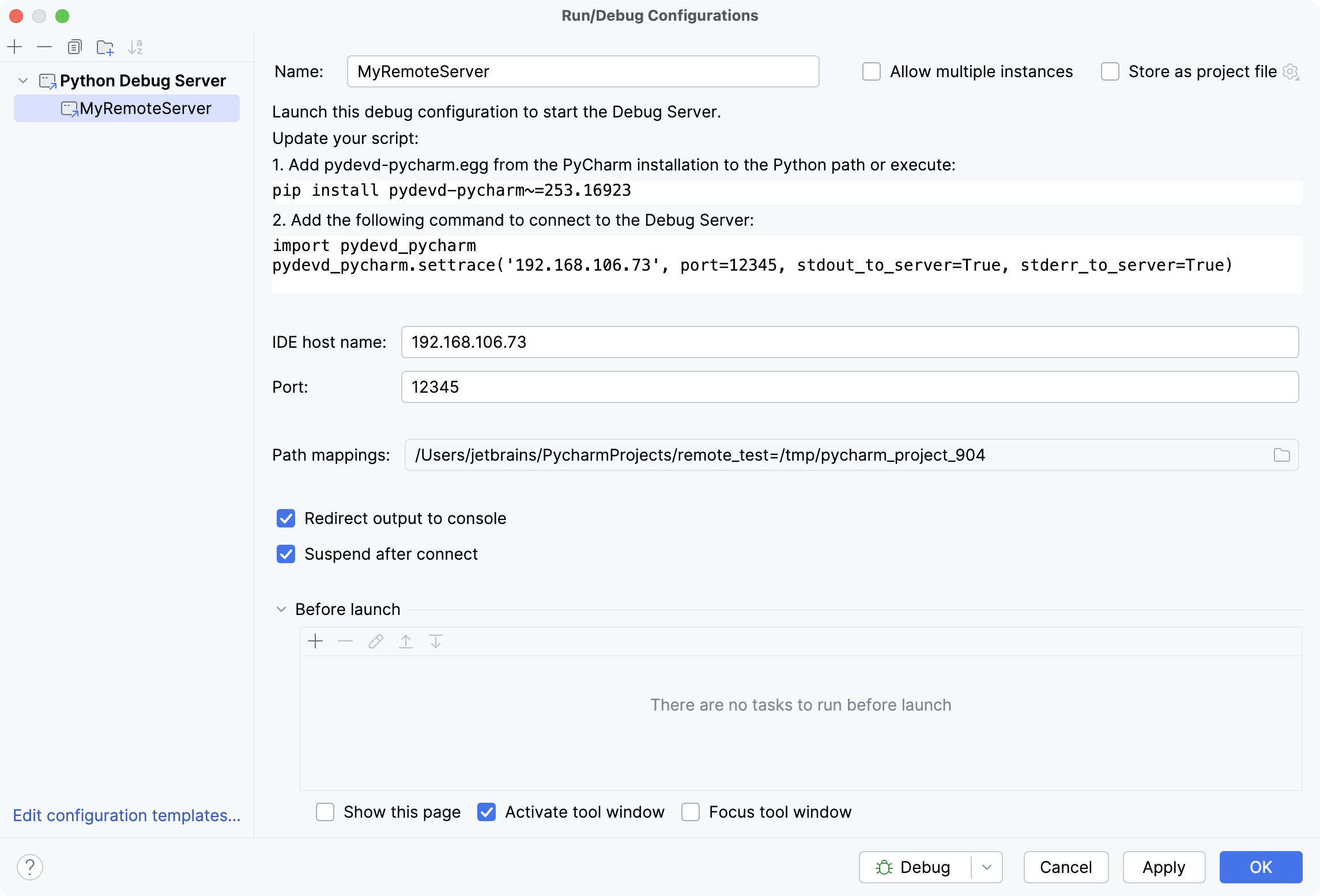 Adding a Python remote debug configuration