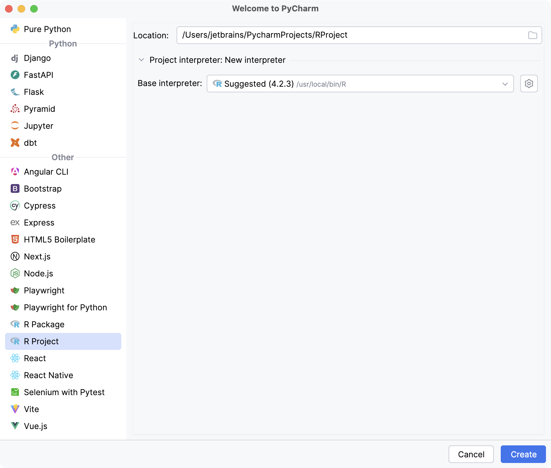 添加新的项目 R 解释器