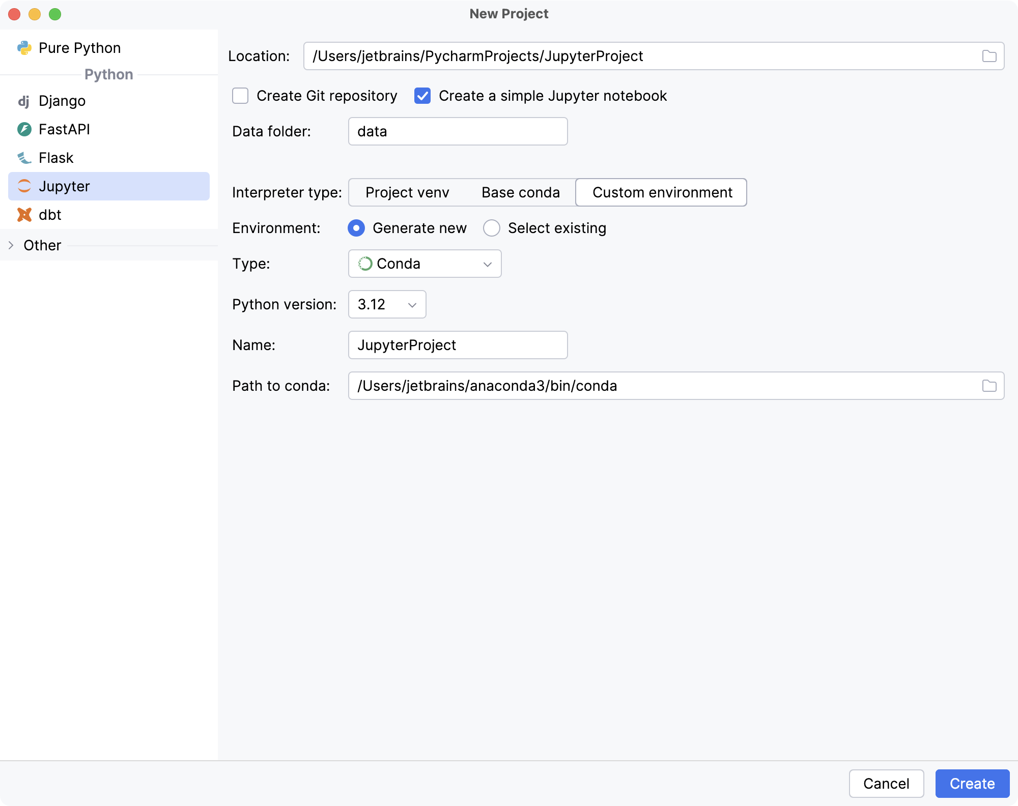 Creating a new Jupyter project in PyCharm