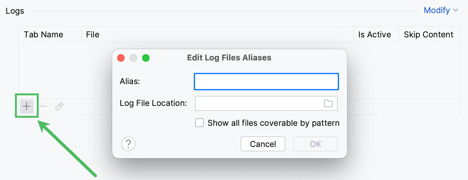 Opening the Edit Log Files dialog Opening the Edit Log Files dialog