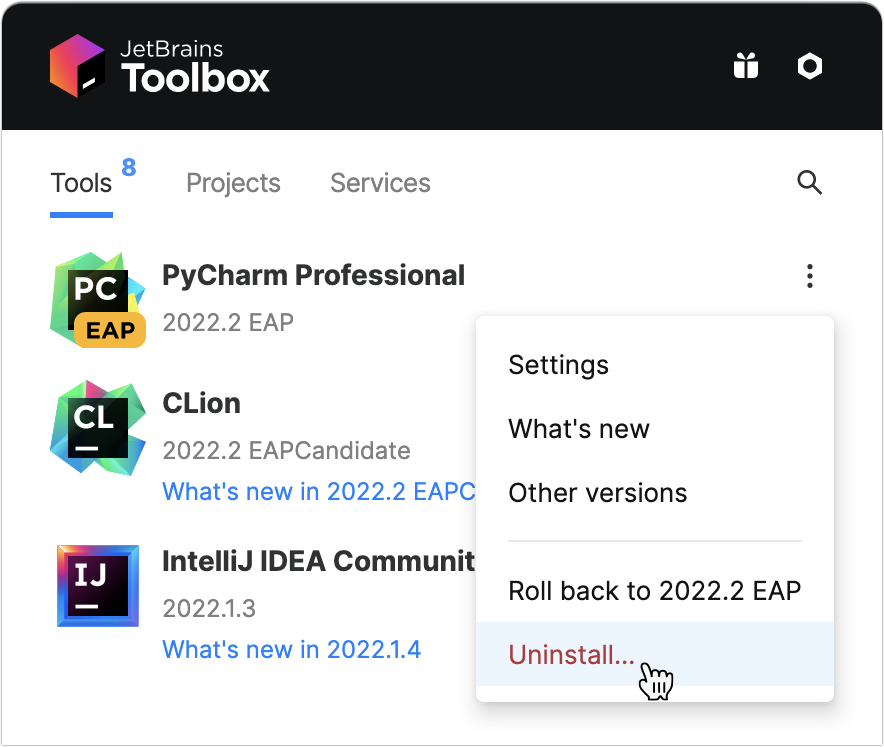 Uninstalling PyCharm through the Toolbox App Uninstalling PyCharm through the Toolbox App