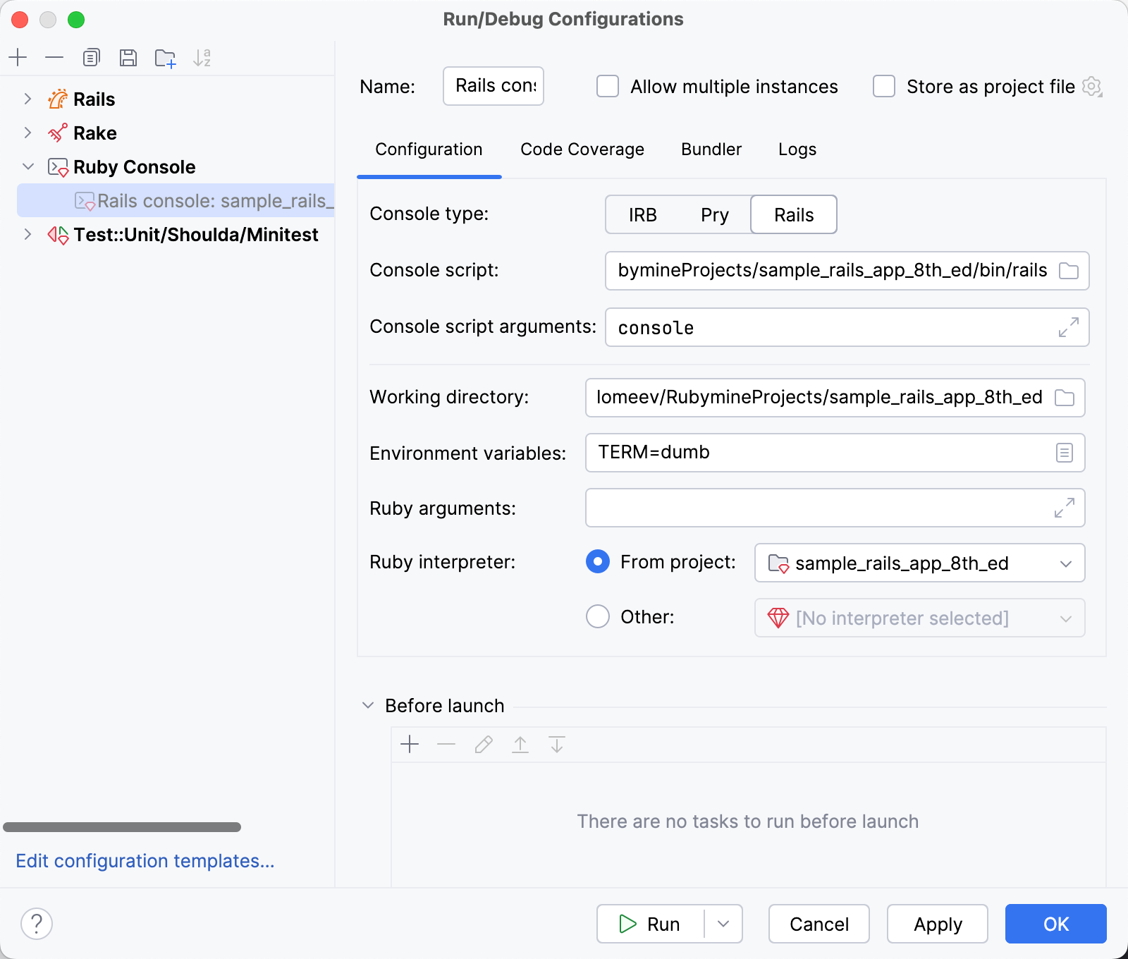Rails 控制台：运行/调试配置