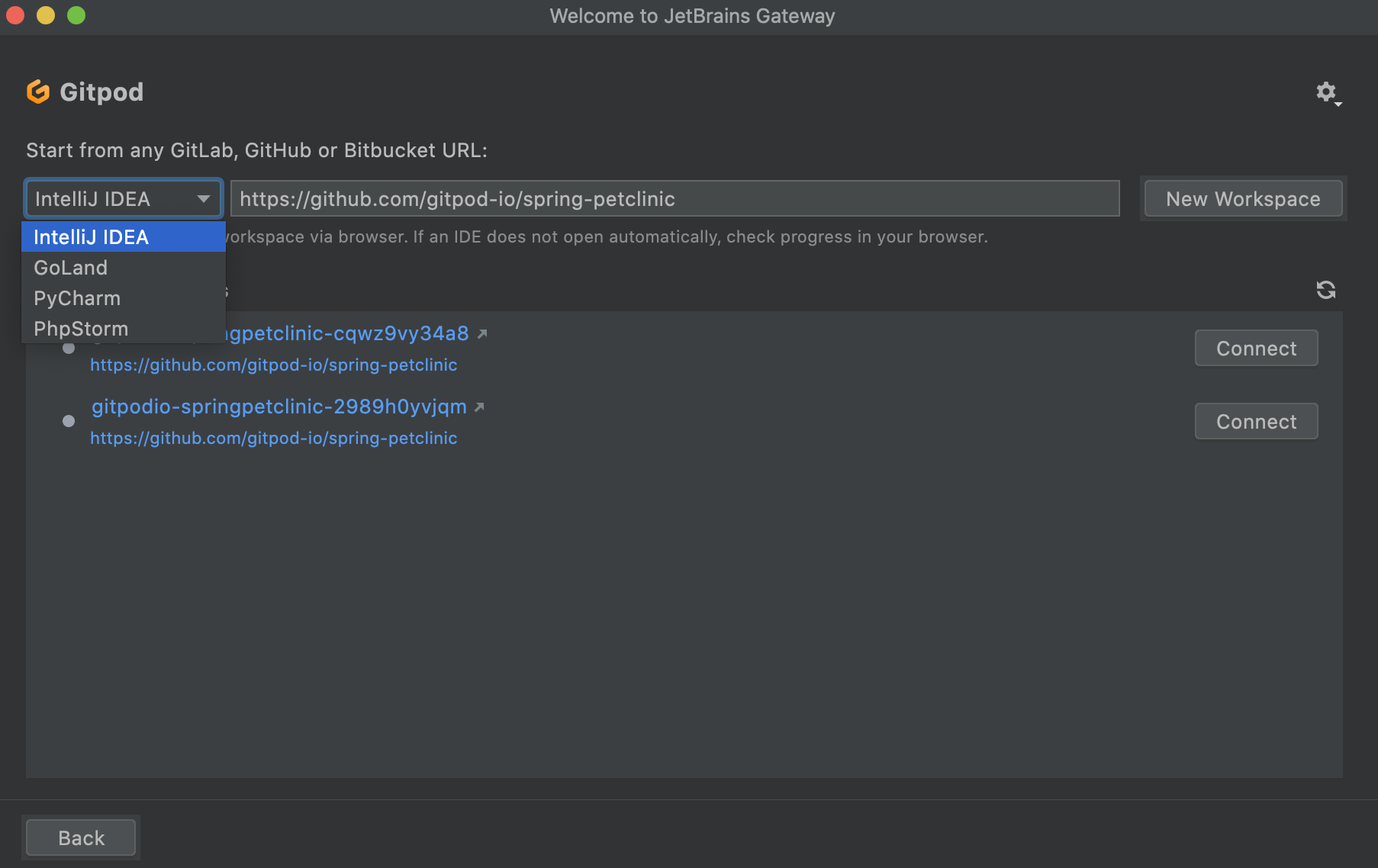 Gitpod IDE selection Gitpod IDE selection