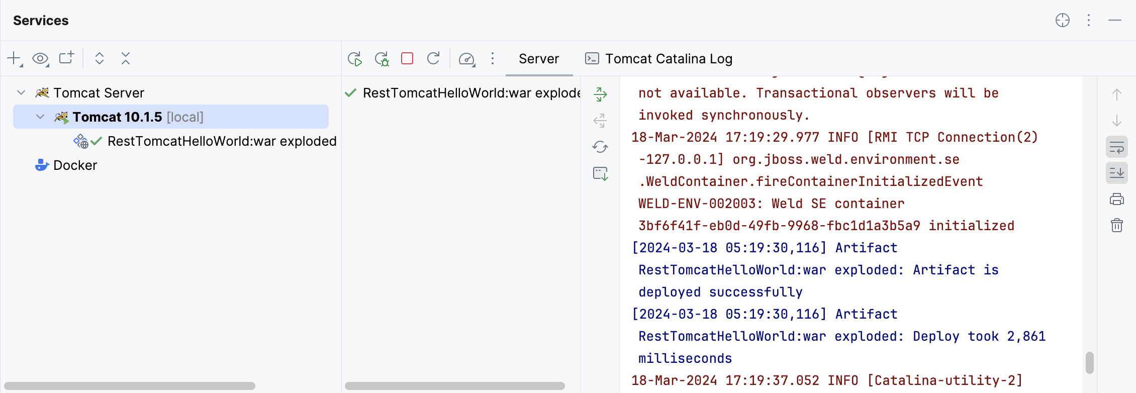 Started Tomcat server and deployed application in the Services tool window Started Tomcat server and deployed application in the Services tool window