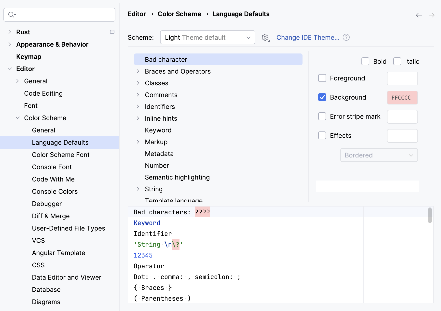 Language Defaults section under Color Scheme settings