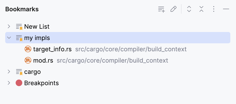 Bookmark editor tabs
