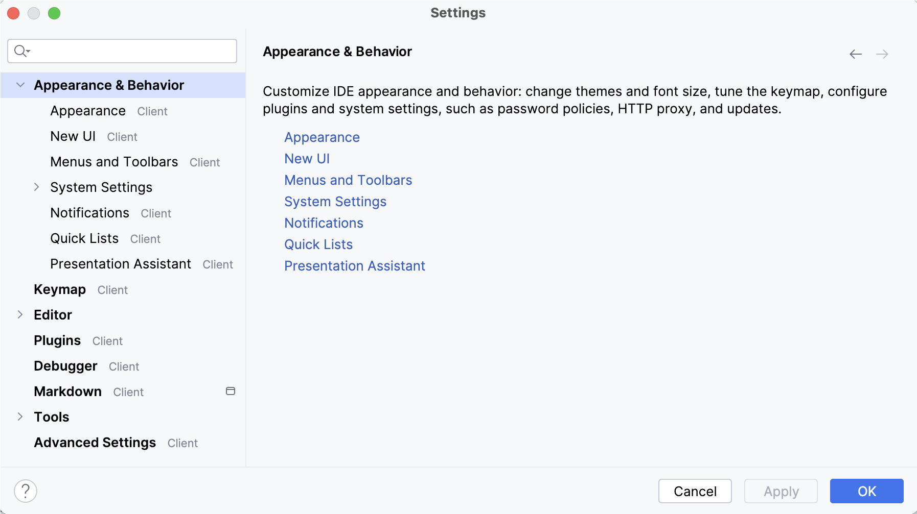 the Appearance and Behavior settings the Appearance and Behavior settings