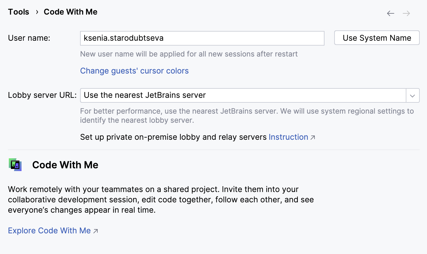 the Code With Me settings the Code With Me settings