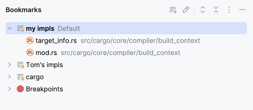Default list in the Bookmarks tool window