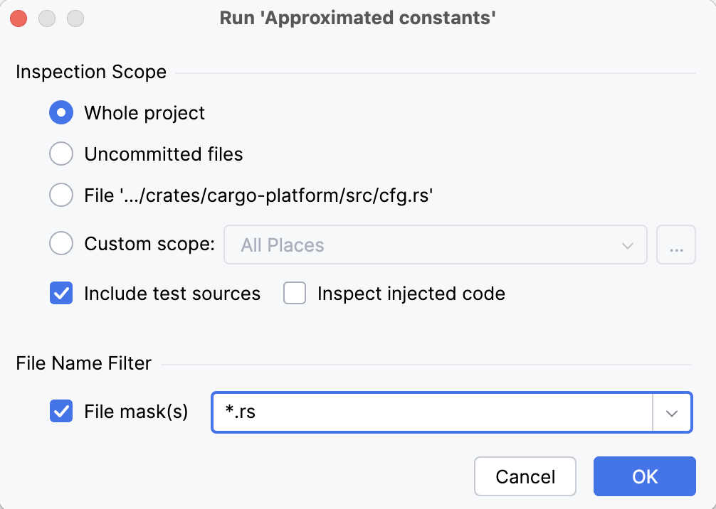 Parameters of a single inspection run Parameters of a single inspection run