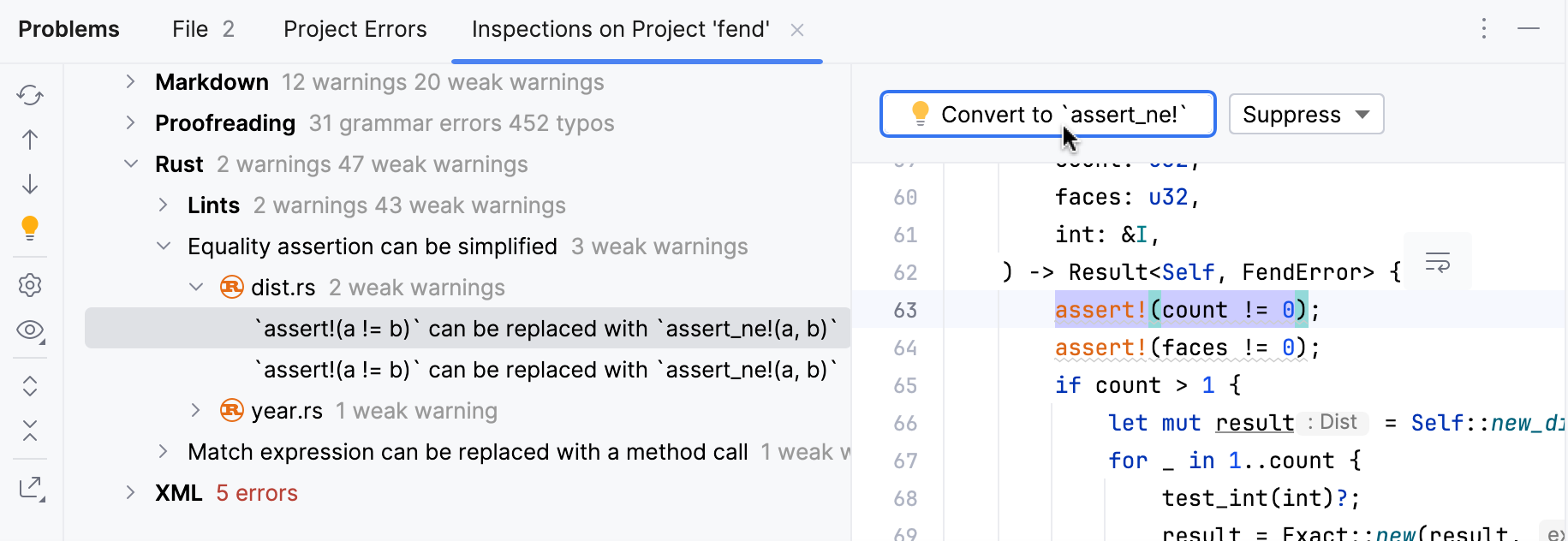 Applying a quick-fix from the Problems tool window