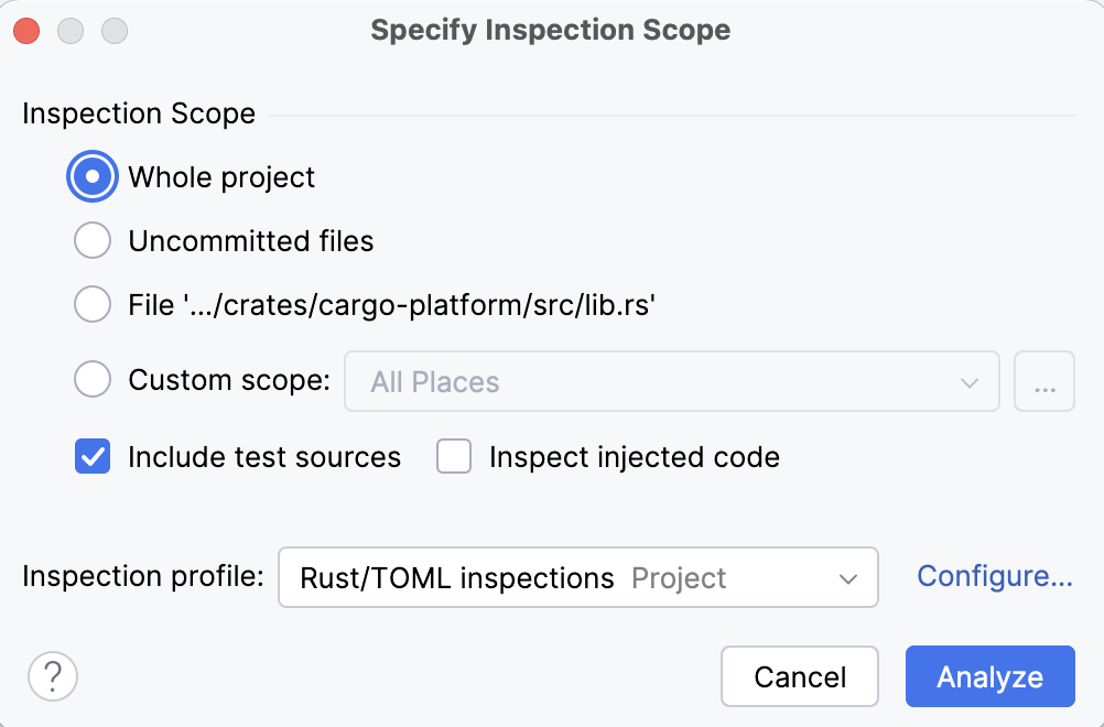 The Specify Inspection Scope dialog The Specify Inspection Scope dialog