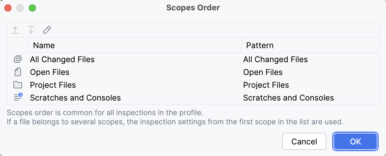 Changing the order of scopes dialog Changing the order of scopes dialog