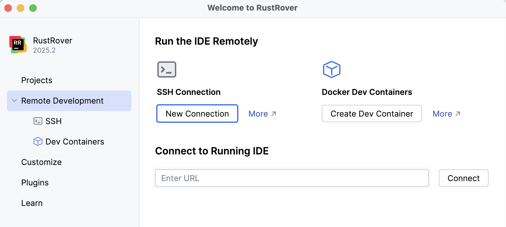 RustRover welcome screen