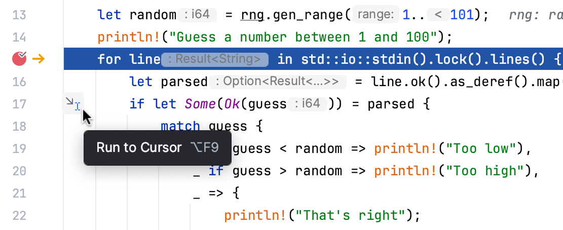 Run to cursor with a single click Run to cursor with a single click