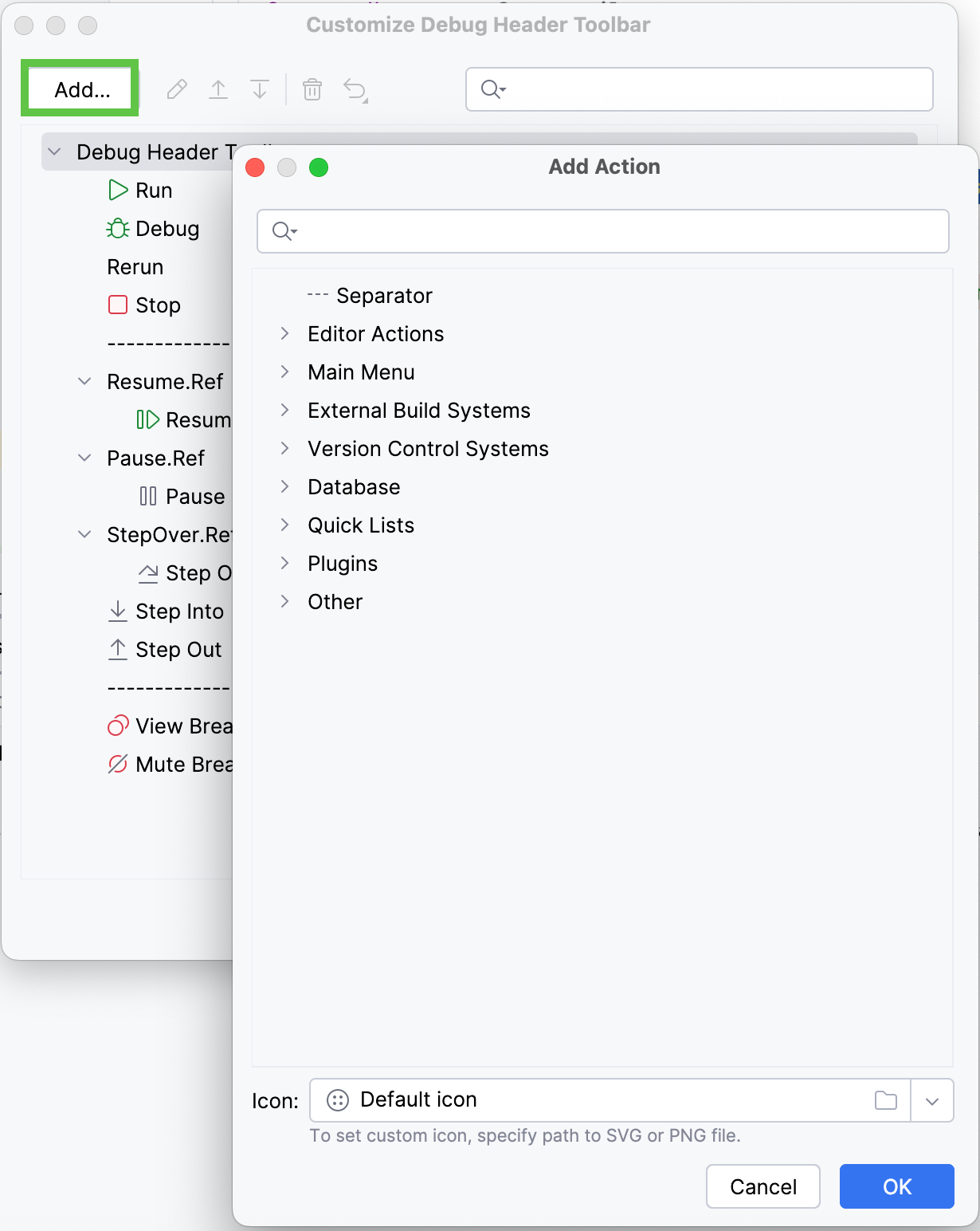 Customize Debugger Toolbar — Add Action dialog