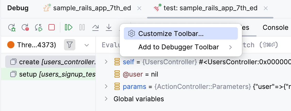 The 'Customize toolbar' option in the context menu of the debugger's toolbar