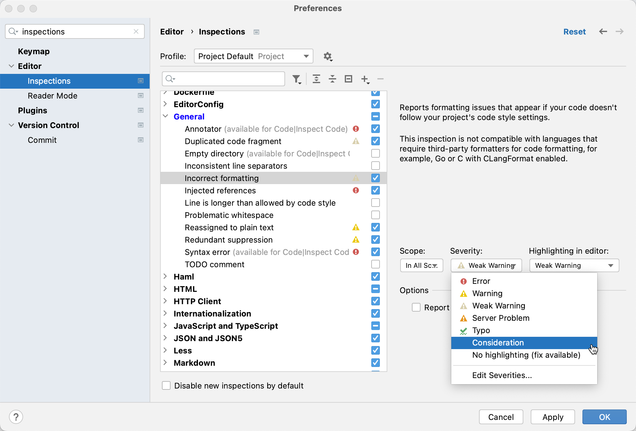 选择检查的严重性级别