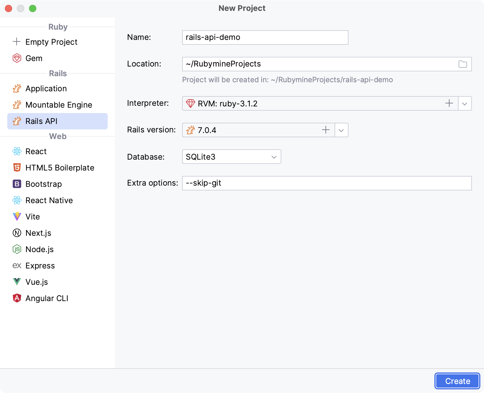 新建项目对话框：Rails API 应用程序