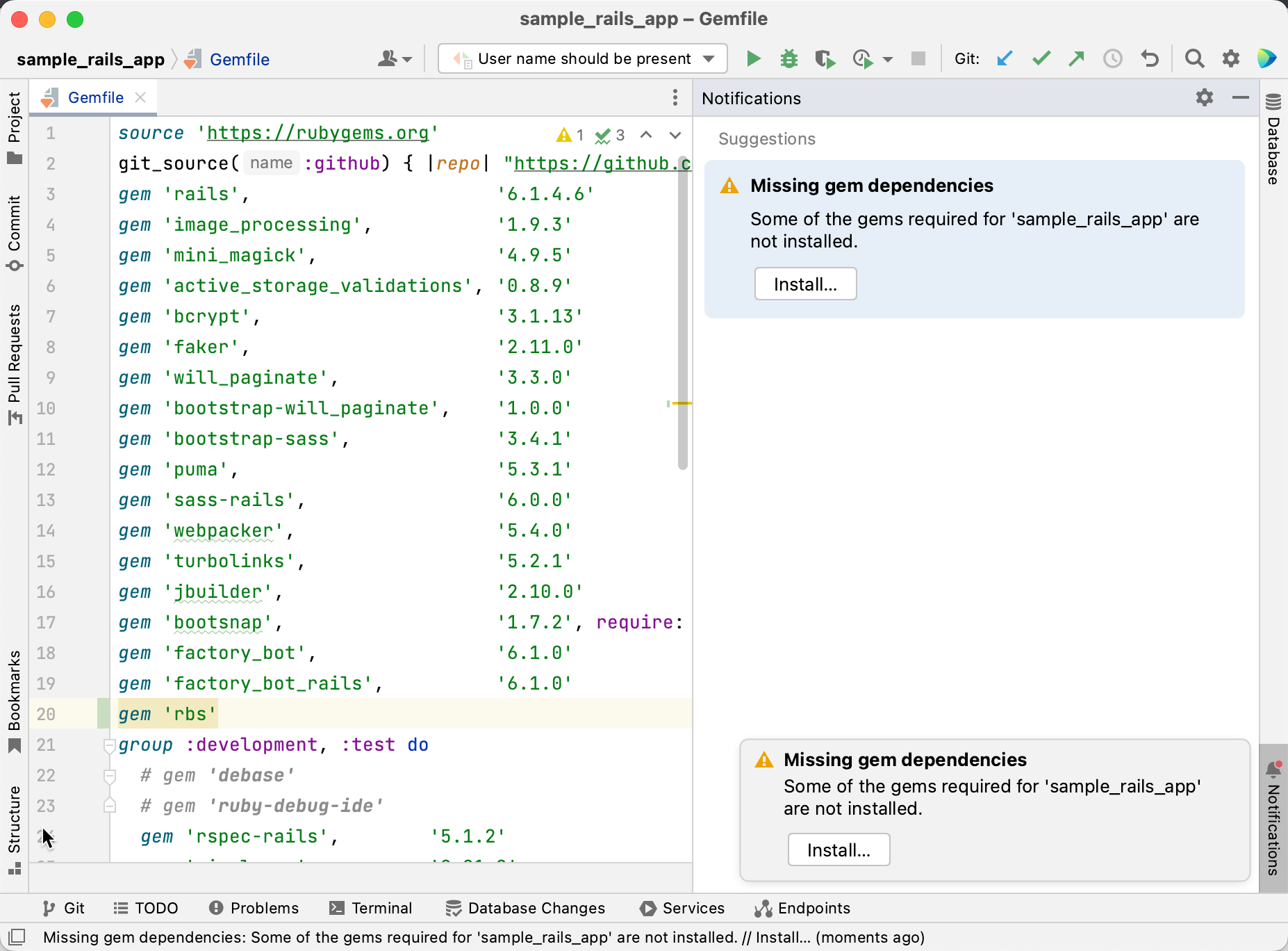 RubyMine 中的通知 RubyMine 中的通知