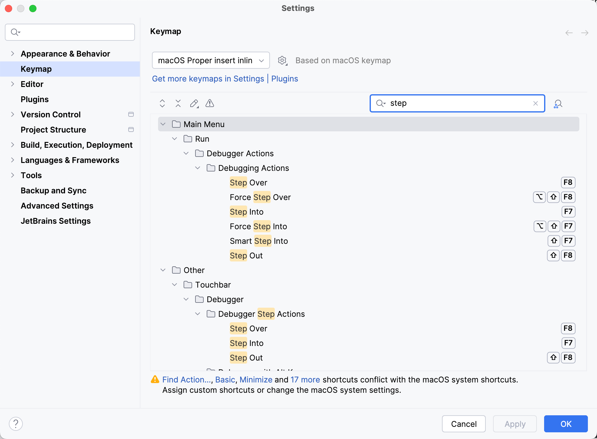 搜索中选定的键位映射和操作