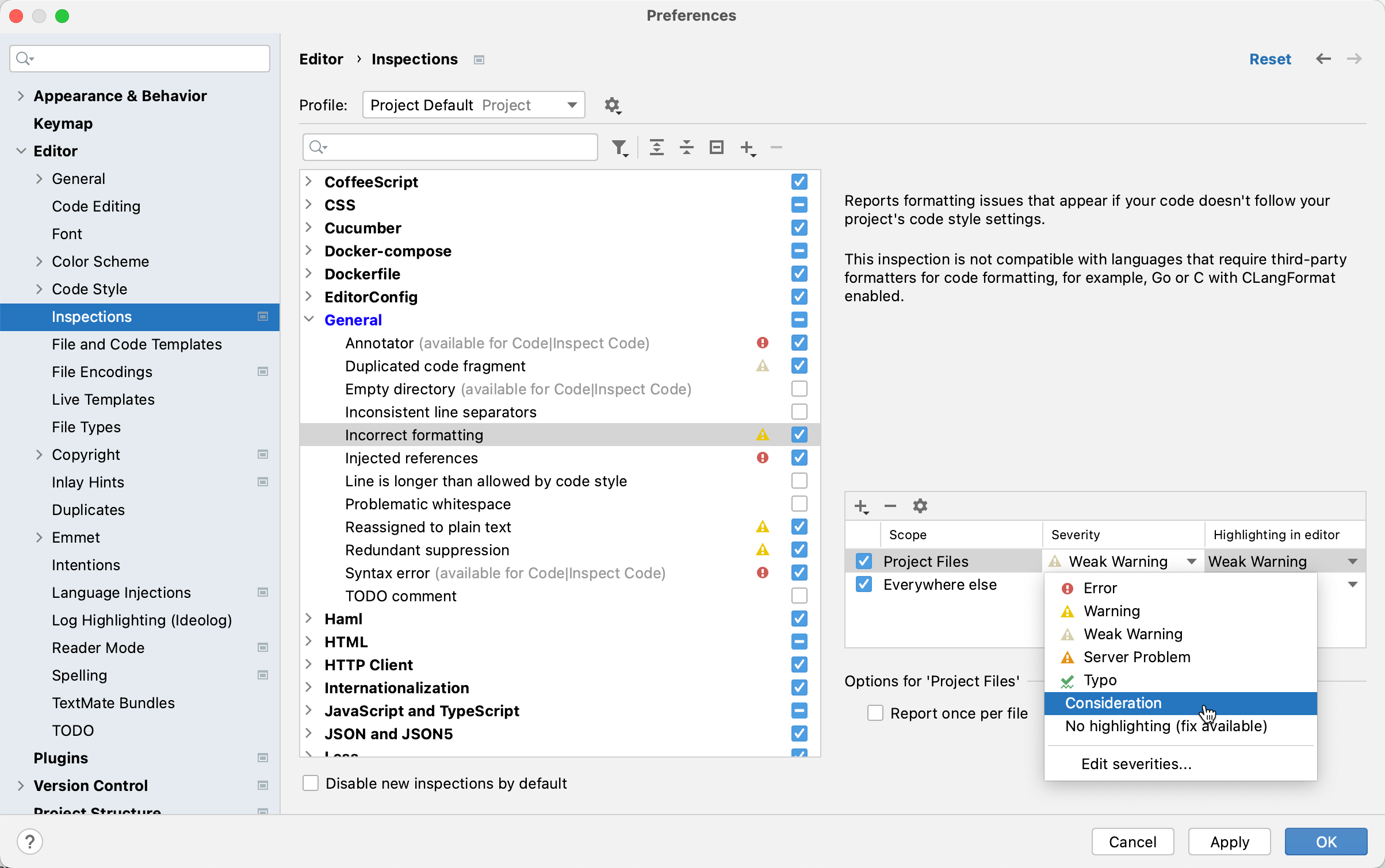 更改检查严重性按范围