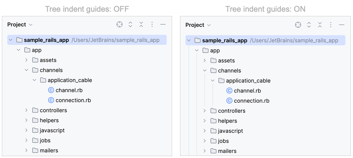 工具窗口中的树形缩进指南