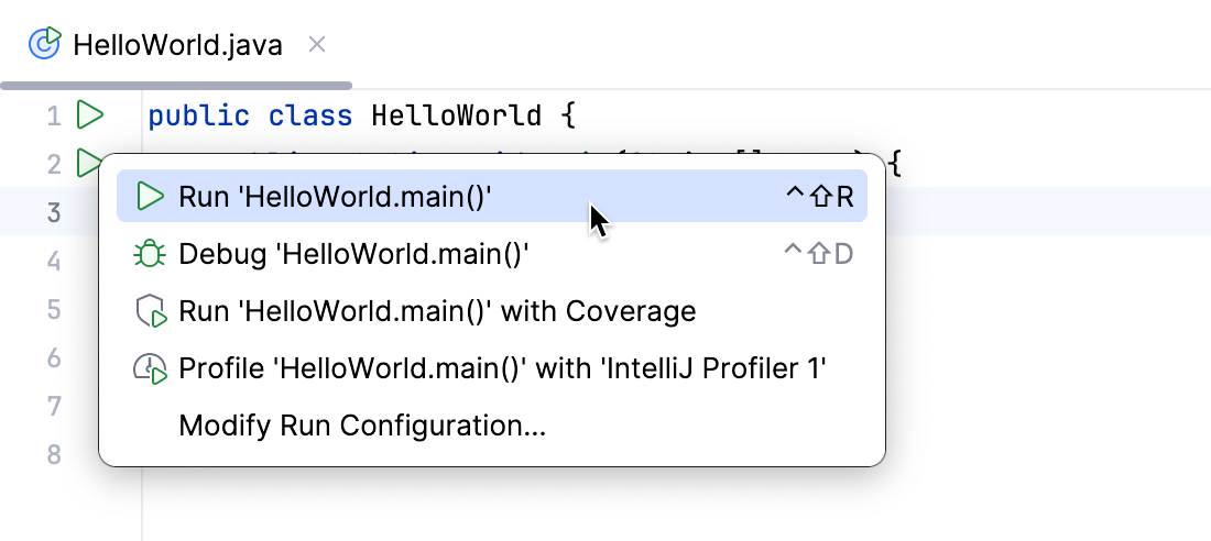 Run using the gutter icon