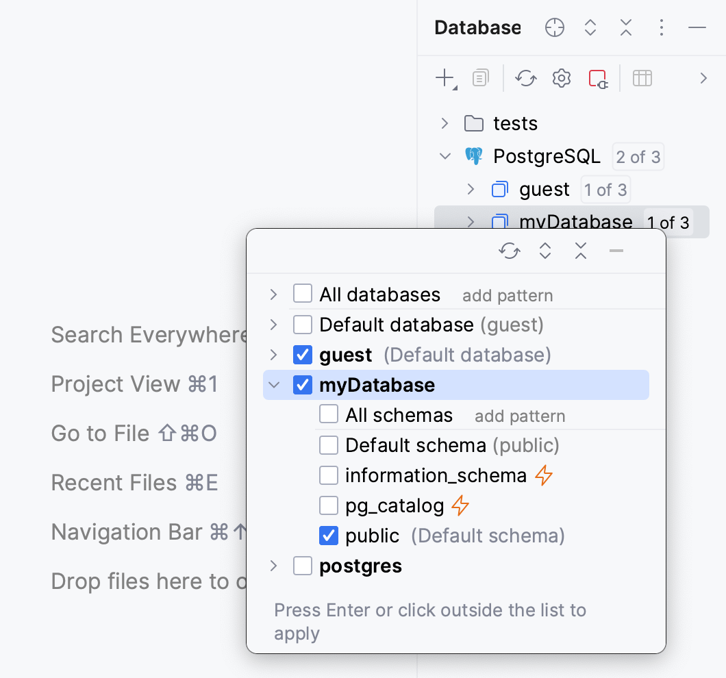 显示和隐藏 schema 和数据库